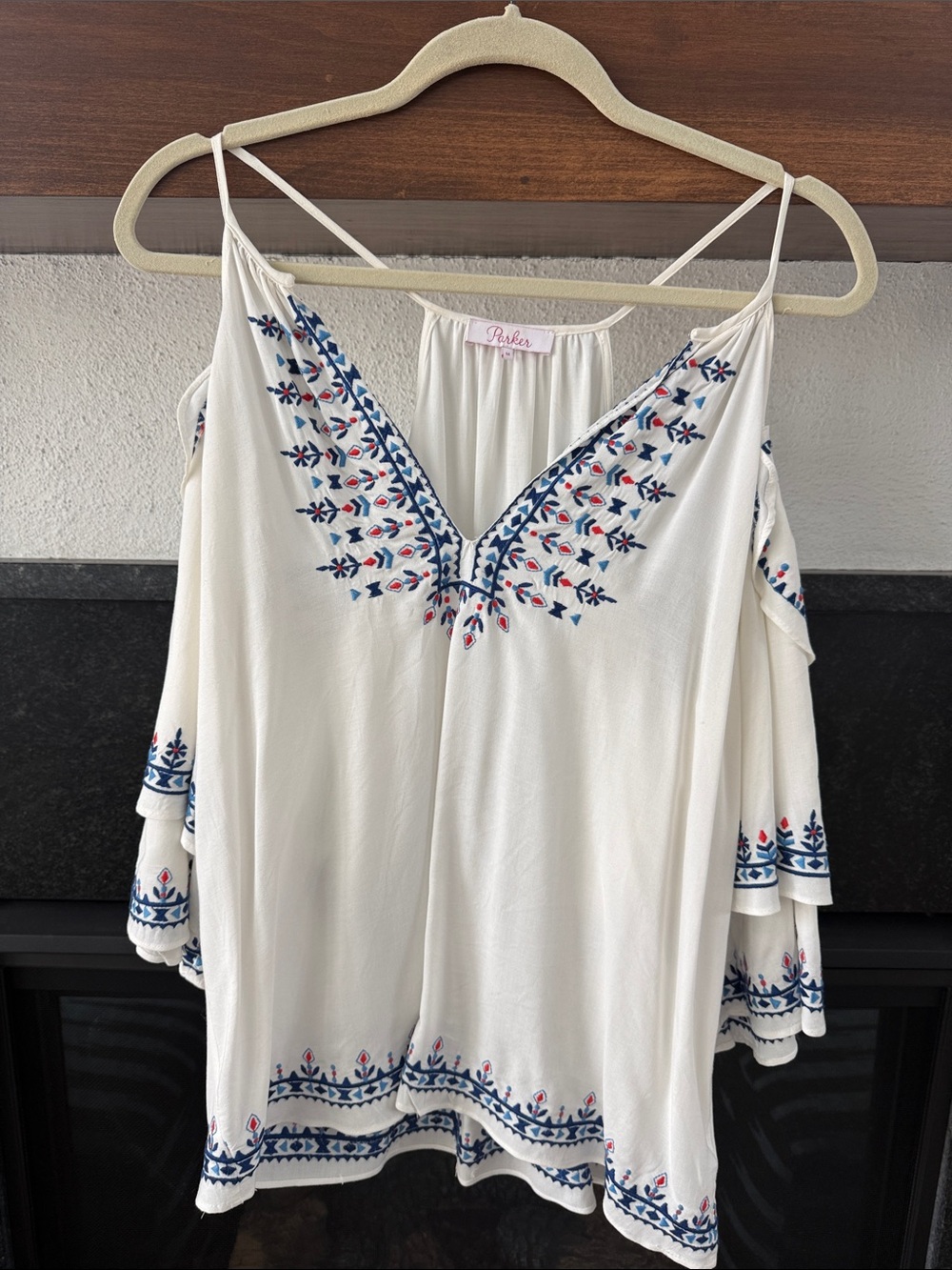 Parker White Cold-Shoulder V-Neck Tunic with Blue & RedEmbroidery